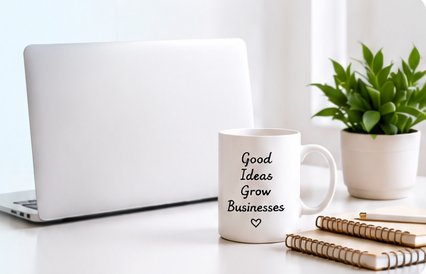 A laptop on a bright desk beside a mug that reads Good Ideas Grow Businesses