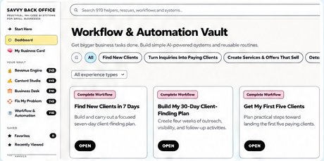 Workflow and Automation Vault section with complete workflows